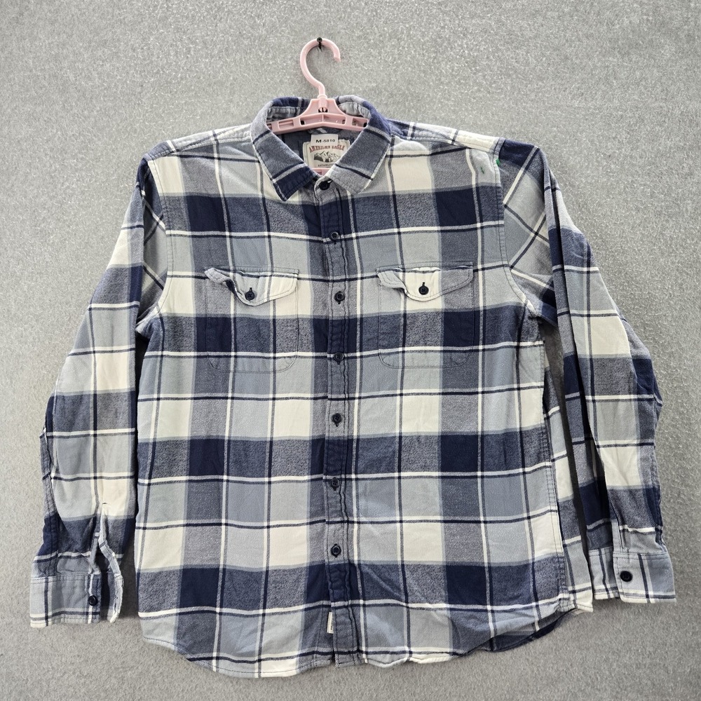 American Eagle Men Button Up Shirt L Blue Plaid Flannel Long Sleeve Workshirt